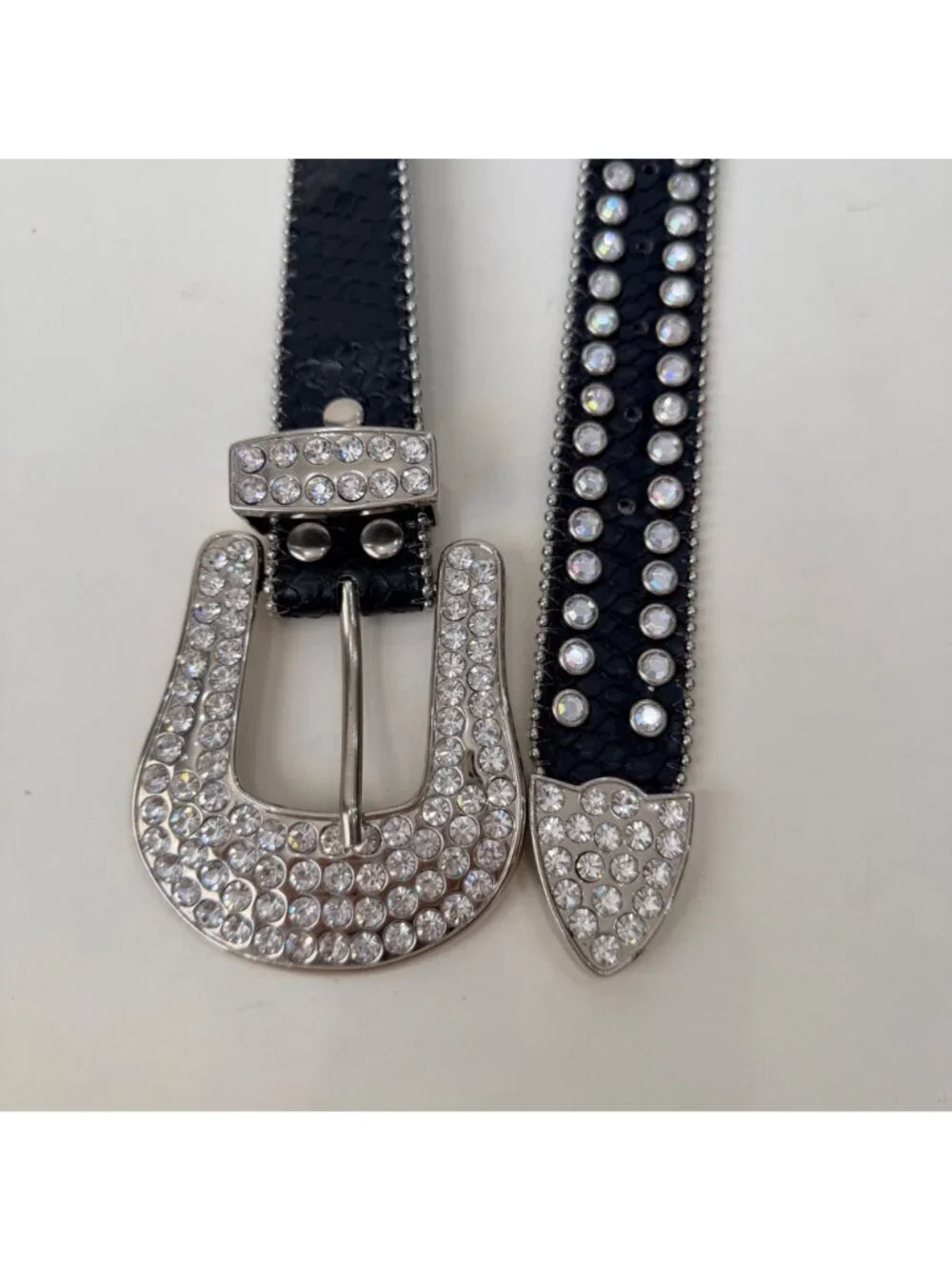 Y2K Western Leather Rhinestone Studded Belt Black Bling Horseshoe Buckle Boho Ro